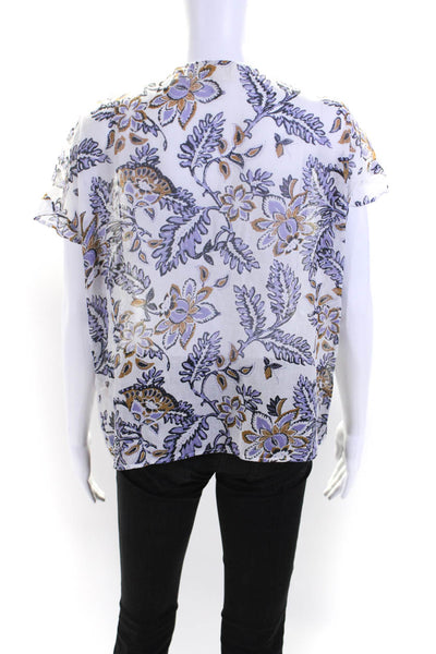 Cotelac Womens Floral Print Key Hole Neck Short Sleeves Blouse White Cotton Size