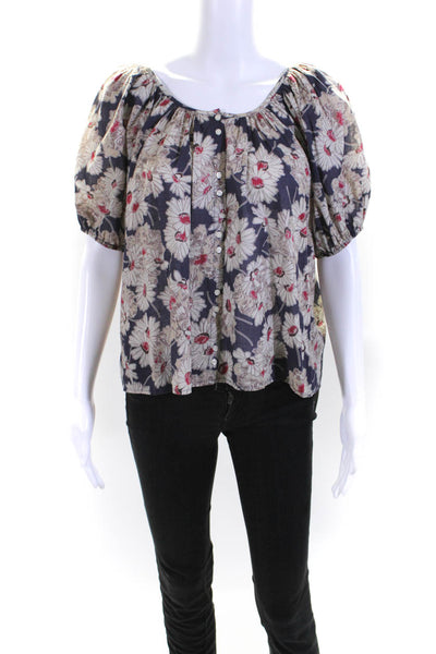 The Great Womens Floral Print Short Sleeves Blouse Navy Blue White Cotton Size 1