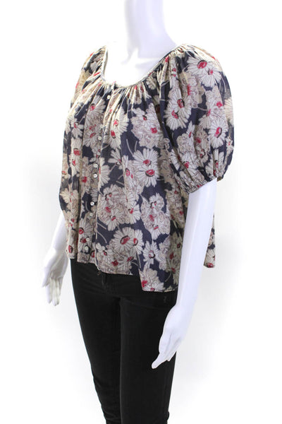 The Great Womens Floral Print Short Sleeves Blouse Navy Blue White Cotton Size 1