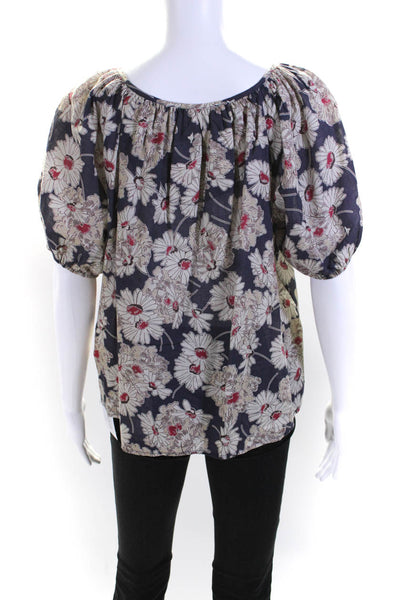 The Great Womens Floral Print Short Sleeves Blouse Navy Blue White Cotton Size 1