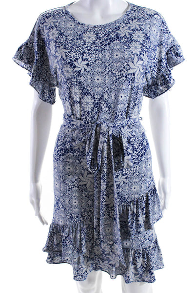 Michael Michael Kors Womens Floral Print Belted Dress Blue White Size Medium