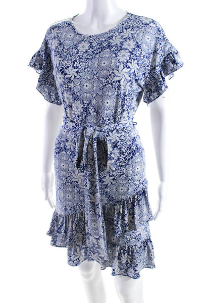 Michael Michael Kors Womens Floral Print Belted Dress Blue White Size Medium