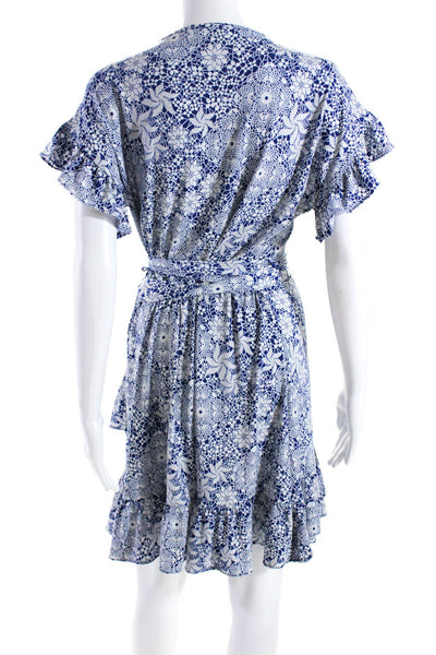 Michael Michael Kors Womens Floral Print Belted Dress Blue White Size Medium