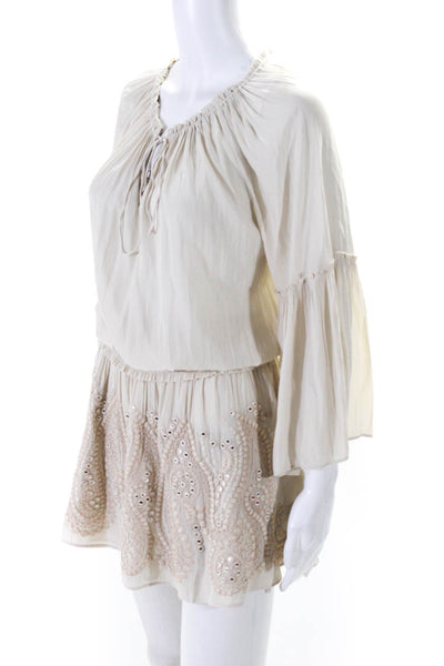 Ramy Brook Womens Embroidered Bell Sleeve Drop Waist Dress Beige Size Small