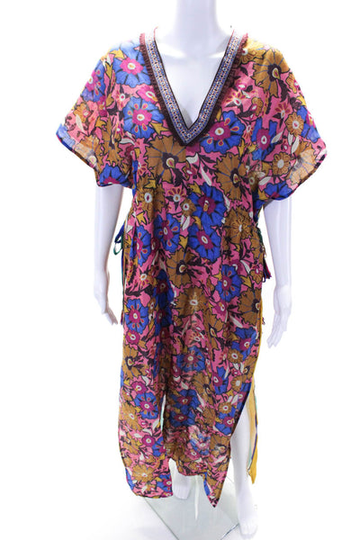 Anjuna Womens Short Sleeve V Neck Floral Tunic Dress Multicolored Linen Size XS