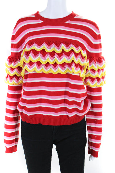 MSGM Womens Pullover Crochet Ruffled Striped Sweater Red White Cotton Size Large