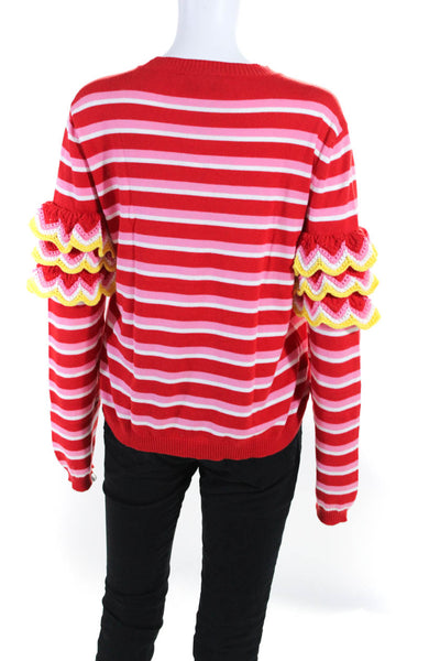 MSGM Womens Pullover Crochet Ruffled Striped Sweater Red White Cotton Size Large