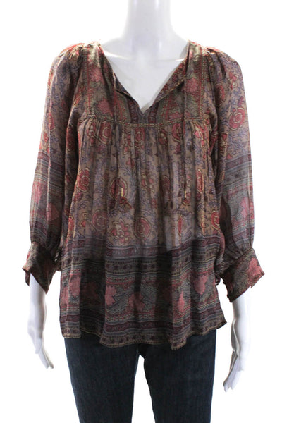 Ulla Johnson Womens Tie Neck Floral Long Sleeve Top Blouse Brown Pink Size 2