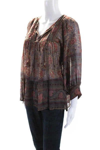 Ulla Johnson Womens Tie Neck Floral Long Sleeve Top Blouse Brown Pink Size 2