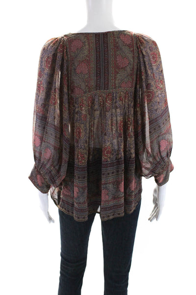 Ulla Johnson Womens Tie Neck Floral Long Sleeve Top Blouse Brown Pink Size 2