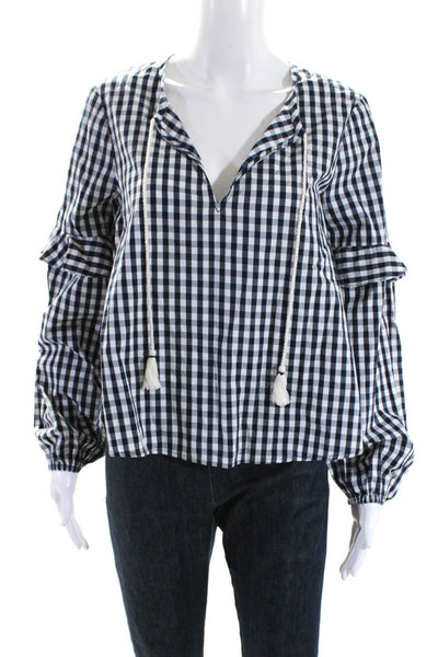 Splendid Womens Long Sleeve Gingham Tie Neck Top Blouse Navy White Size Small