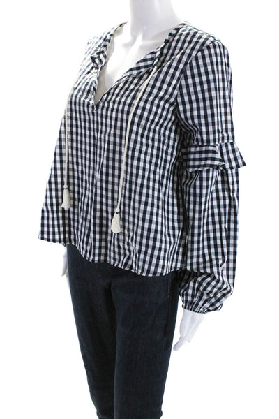 Splendid Womens Long Sleeve Gingham Tie Neck Top Blouse Navy White Size Small