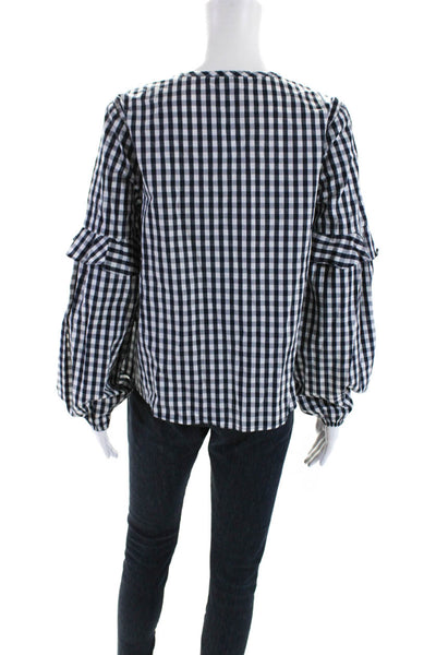 Splendid Womens Long Sleeve Gingham Tie Neck Top Blouse Navy White Size Small