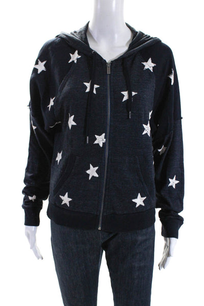 Splendid Womens Star Print Raglan Sleeve Hooded Zip Jacket Navy Size Medium