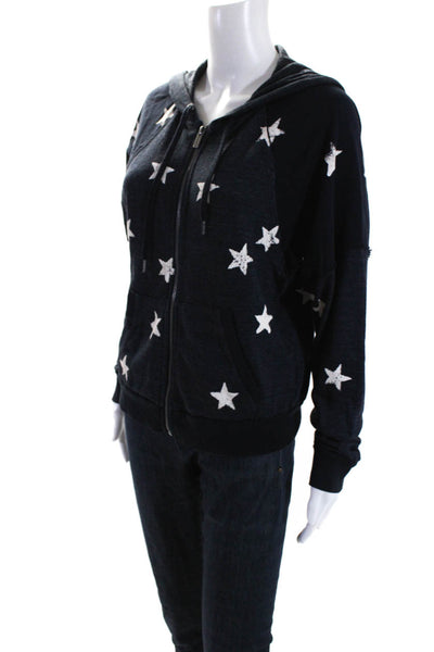 Splendid Womens Star Print Raglan Sleeve Hooded Zip Jacket Navy Size Medium