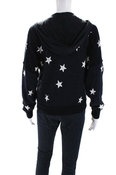 Splendid Womens Star Print Raglan Sleeve Hooded Zip Jacket Navy Size Medium