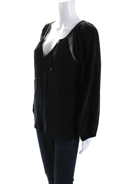 Ramy Brook Womens Mesh Insert Tie Neck Long Sleeve Top Blouse Black Size XS