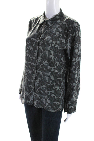 Ecru Womens Long Sleeve Abstract Button Up Top Blouse Gray Silk Size Medium