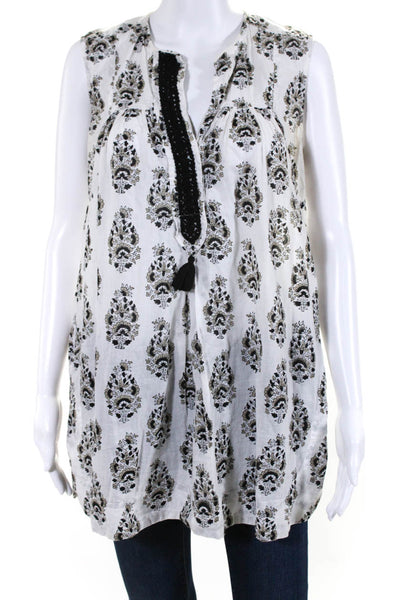 Banjanan Womens Sleeveless V Neck Floral Blouse White Black Cotton Size Small