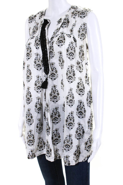 Banjanan Womens Sleeveless V Neck Floral Blouse White Black Cotton Size Small