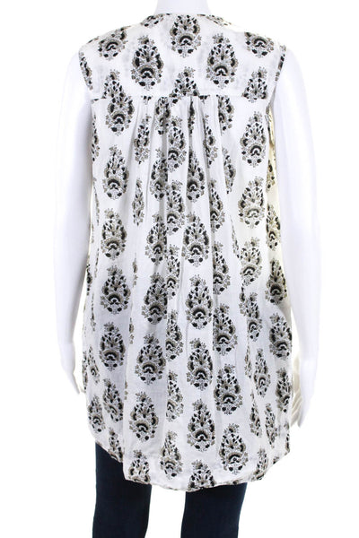 Banjanan Womens Sleeveless V Neck Floral Blouse White Black Cotton Size Small