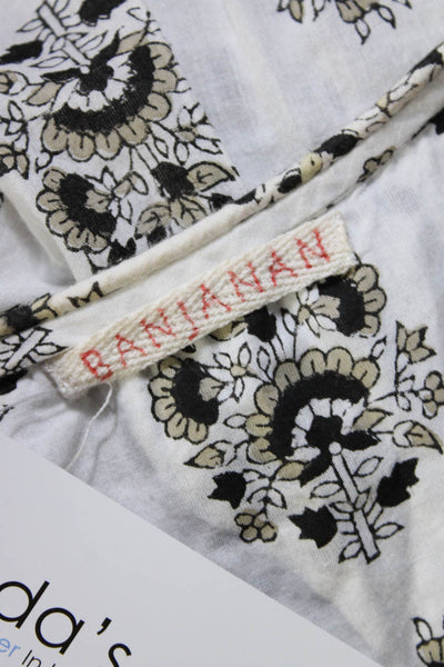 Banjanan Womens Sleeveless V Neck Floral Blouse White Black Cotton Size Small