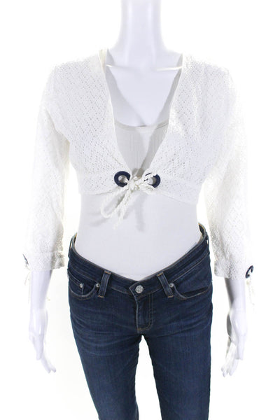 Emma Pake Womens White Cotton Eyelet V-Neck Long Sleeve Cropped Top Size S