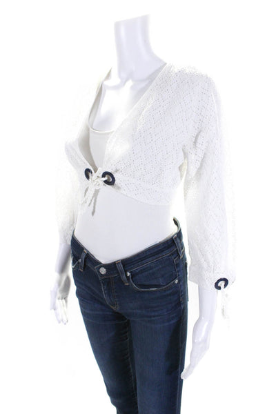 Emma Pake Womens White Cotton Eyelet V-Neck Long Sleeve Cropped Top Size S