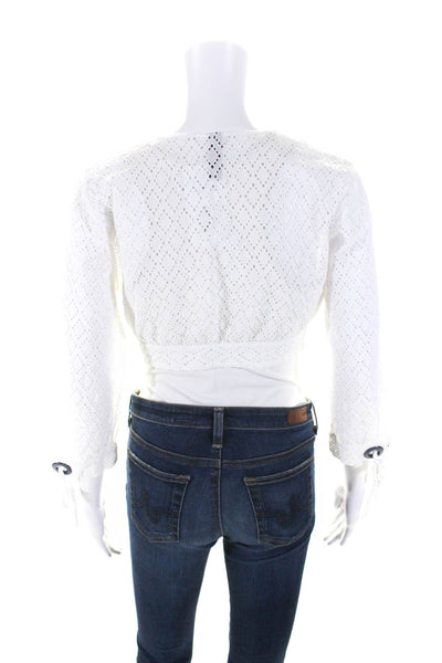 Emma Pake Womens White Cotton Eyelet V-Neck Long Sleeve Cropped Top Size S