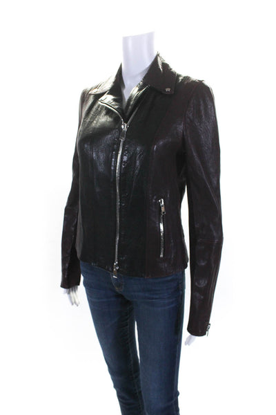 Vince Womens Leather Full Zipper Motorcycle Jacket Purple Black Size Small