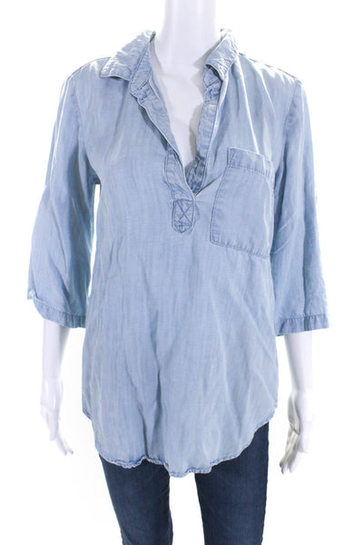 Bella Dahl Women's Collared Long Sleeves Chambray Blouse Blue Size XS