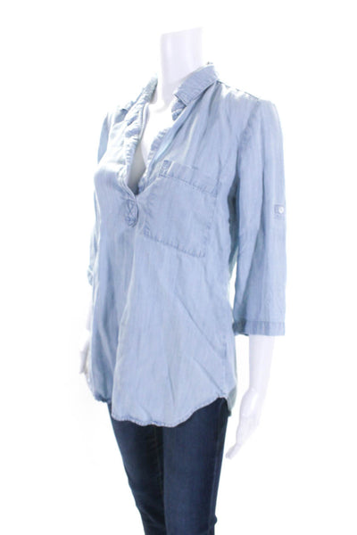 Bella Dahl Women's Collared Long Sleeves Chambray Blouse Blue Size XS