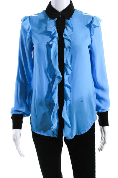 Prabal Gurung Womens Button Front Collared Ruffled Shirt Blue Black Size XS