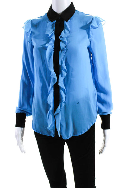 Prabal Gurung Womens Button Front Collared Ruffled Shirt Blue Black Size XS