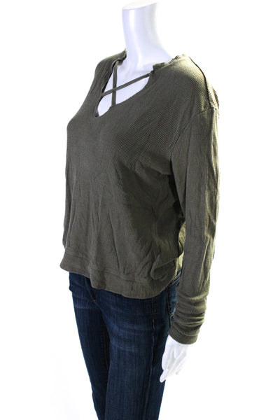 Generation Love Womens Long Sleeve Lattice V Neck Thermal Top Olive Size XS