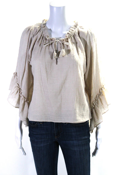 Misa Womens Y Neck Ruffle Long Sleeve Top Blouse Beige Size Small