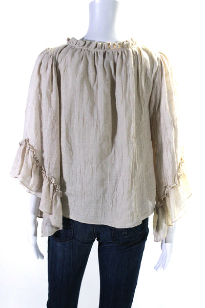 Misa Womens Y Neck Ruffle Long Sleeve Top Blouse Beige Size Small