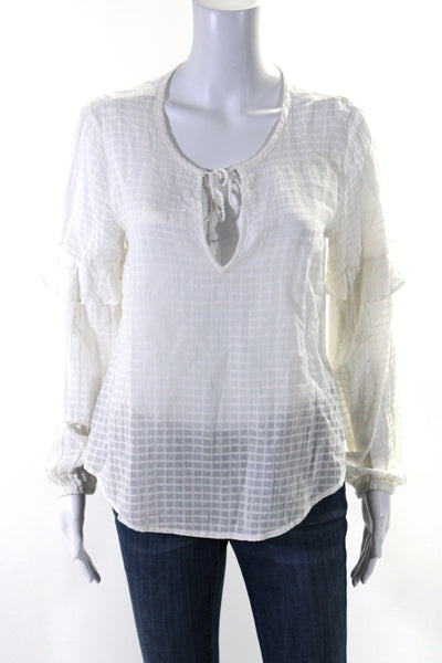 Splendid Womens Sheer Windowpane Long Sleeve Y Neck Top Blouse White Size Small