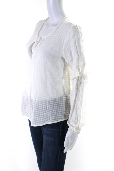 Splendid Womens Sheer Windowpane Long Sleeve Y Neck Top Blouse White Size Small