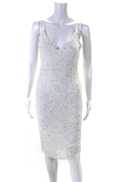 Retrofete Womens Beaded Sequin Mesh V Neck Slip Dress White Size Small