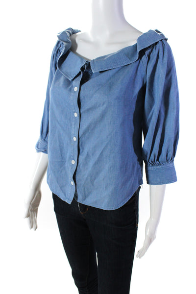 Veronica Beard Womens Chambray Long Sleeves Button Down Shirt Blue Size 2