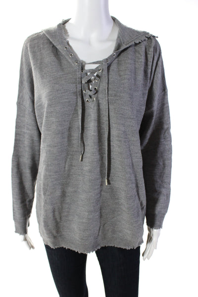 Sport The Kooples Women's Hood Long Sleeves Lace Up Pullover Swearer Gray Size M