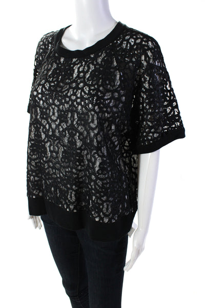 Robert Rodriguez Women's Round Neck Short Sleeves Lace Blouse Black Size L