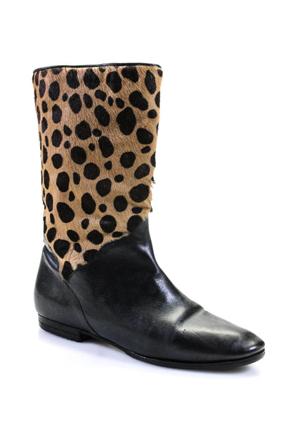 Maraolo Womens Leather Animal Print Pull On Ankle Boots Black Brown Size 38 8