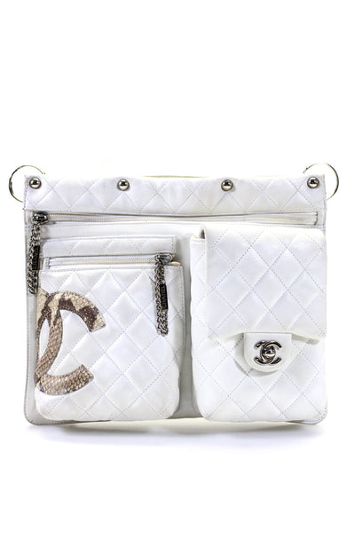 Chanel Womens Quilted Leather Snakeskin Cambon CC Pocket Clutch Handbag White