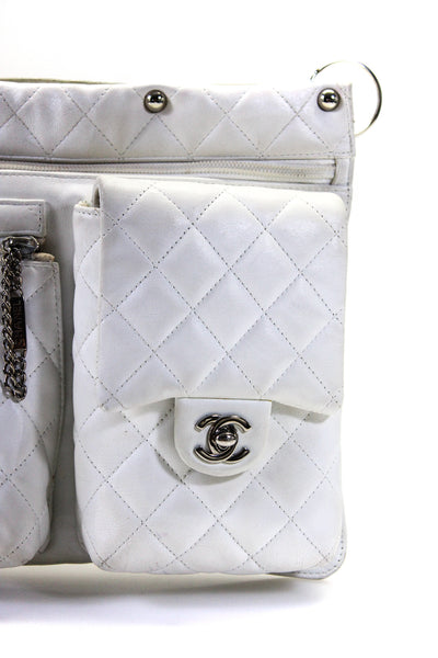 Chanel Womens Quilted Leather Snakeskin Cambon CC Pocket Clutch Handbag White