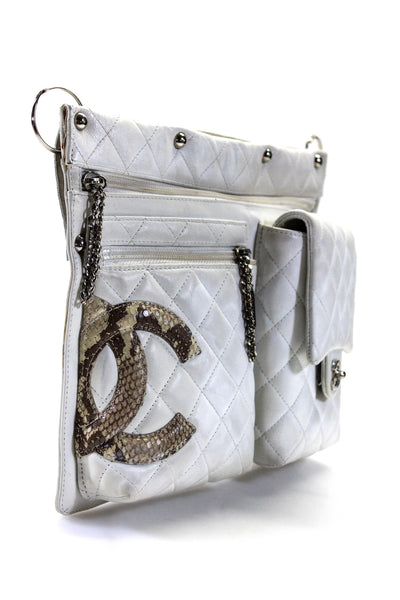 Chanel Womens Quilted Leather Snakeskin Cambon CC Pocket Clutch Handbag White