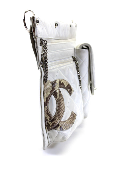 Chanel Womens Quilted Leather Snakeskin Cambon CC Pocket Clutch Handbag White