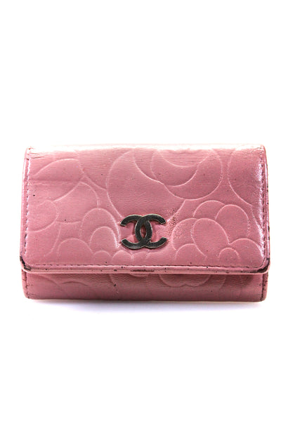 Chanel Womens CC Camellia Embossed Trifold Leather Key Holder Pink