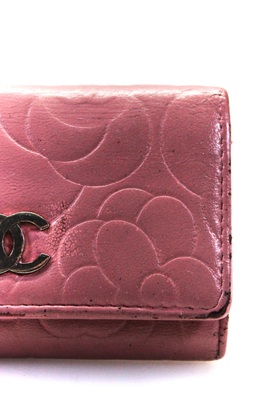 Chanel Womens CC Camellia Embossed Trifold Leather Key Holder Pink